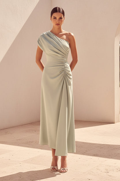One-Shoulder Ruched Satin Midi Dress
