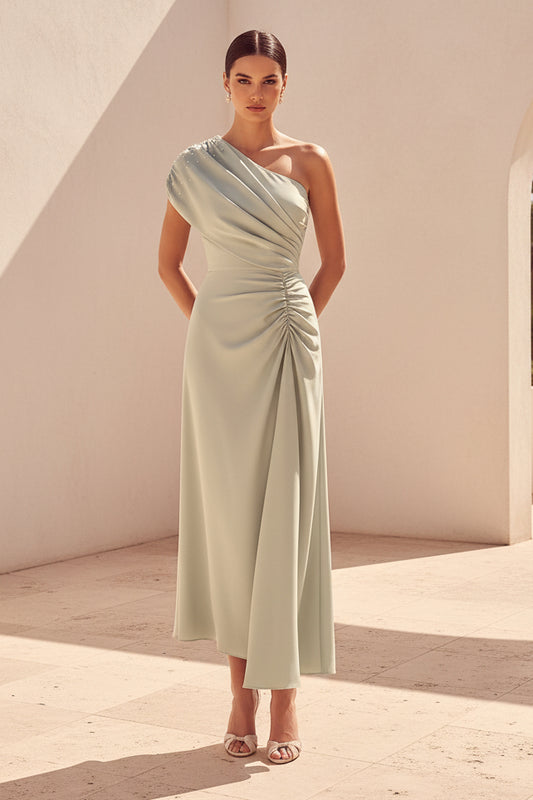 One-Shoulder Ruched Satin Midi Dress