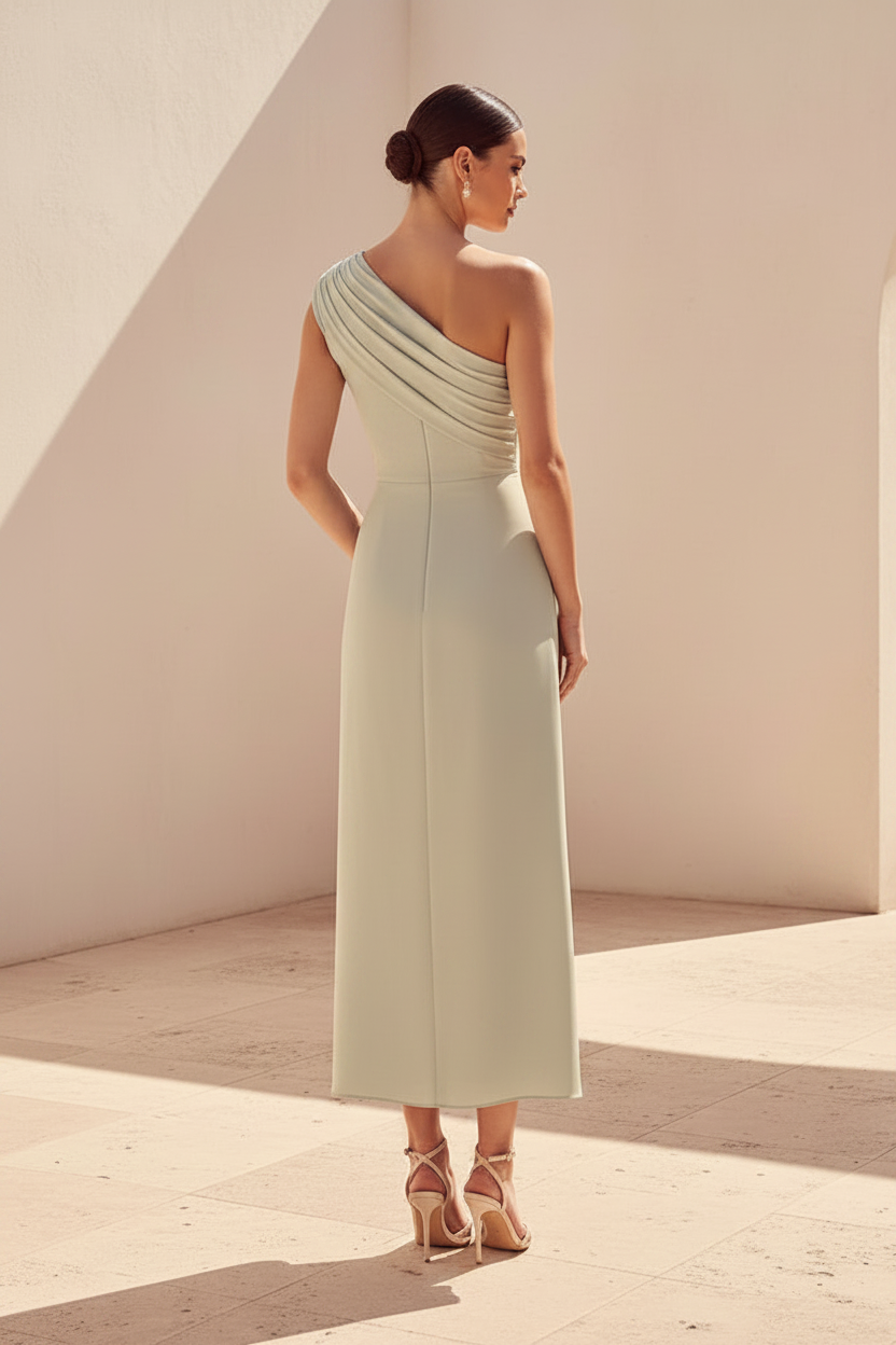 One-Shoulder Ruched Satin Midi Dress