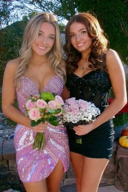 Sequin Sweetheart Bodycon Mini Dress with High Slit