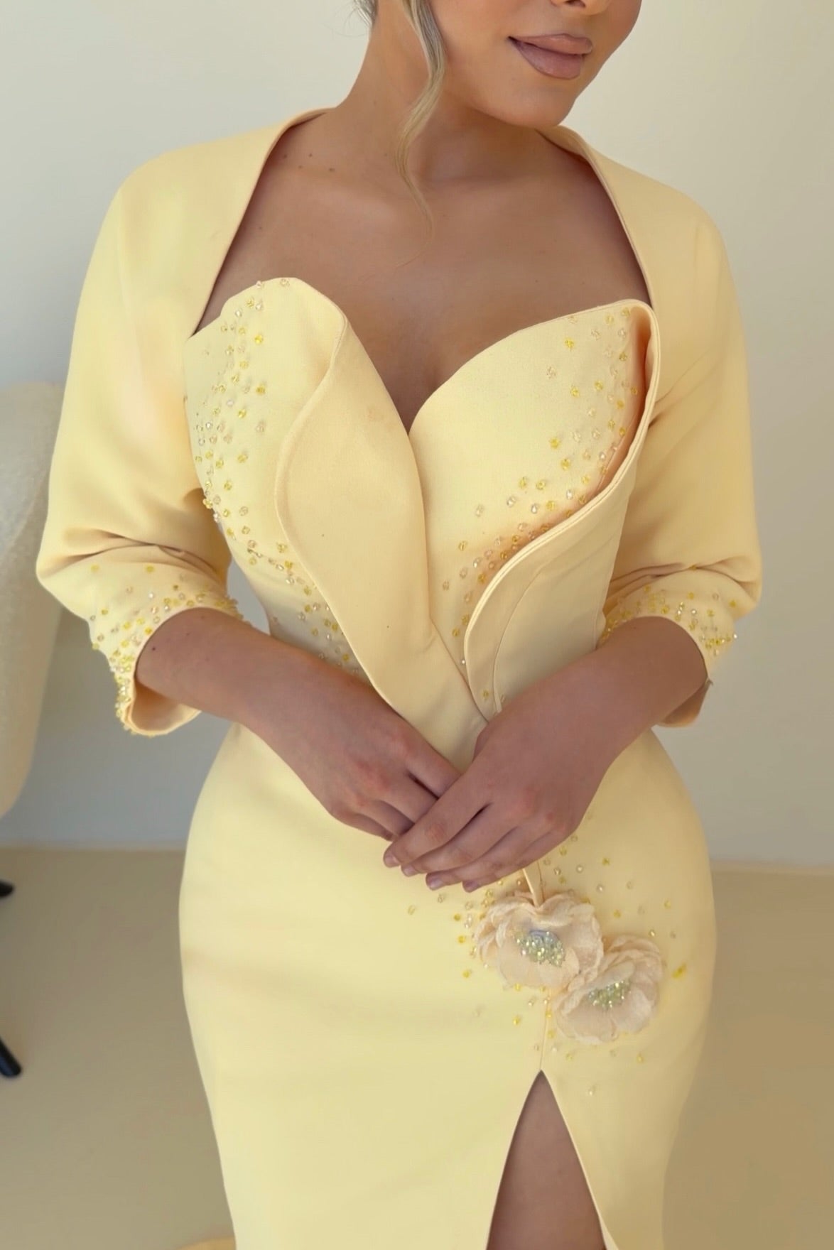 Sculptural Bodice Gown with Slit and 3/4 Sleeves