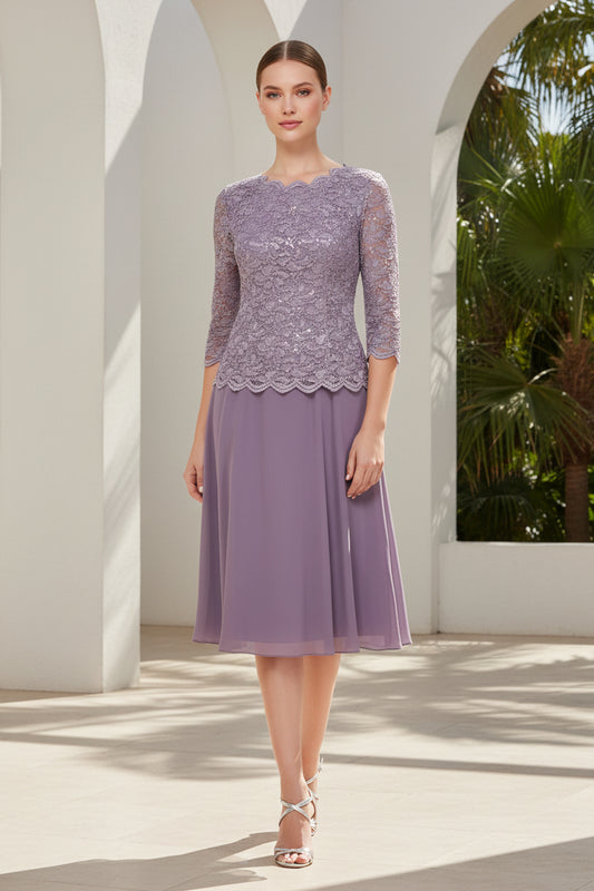 Mock Two-Piece Lace and Chiffon Midi Dress