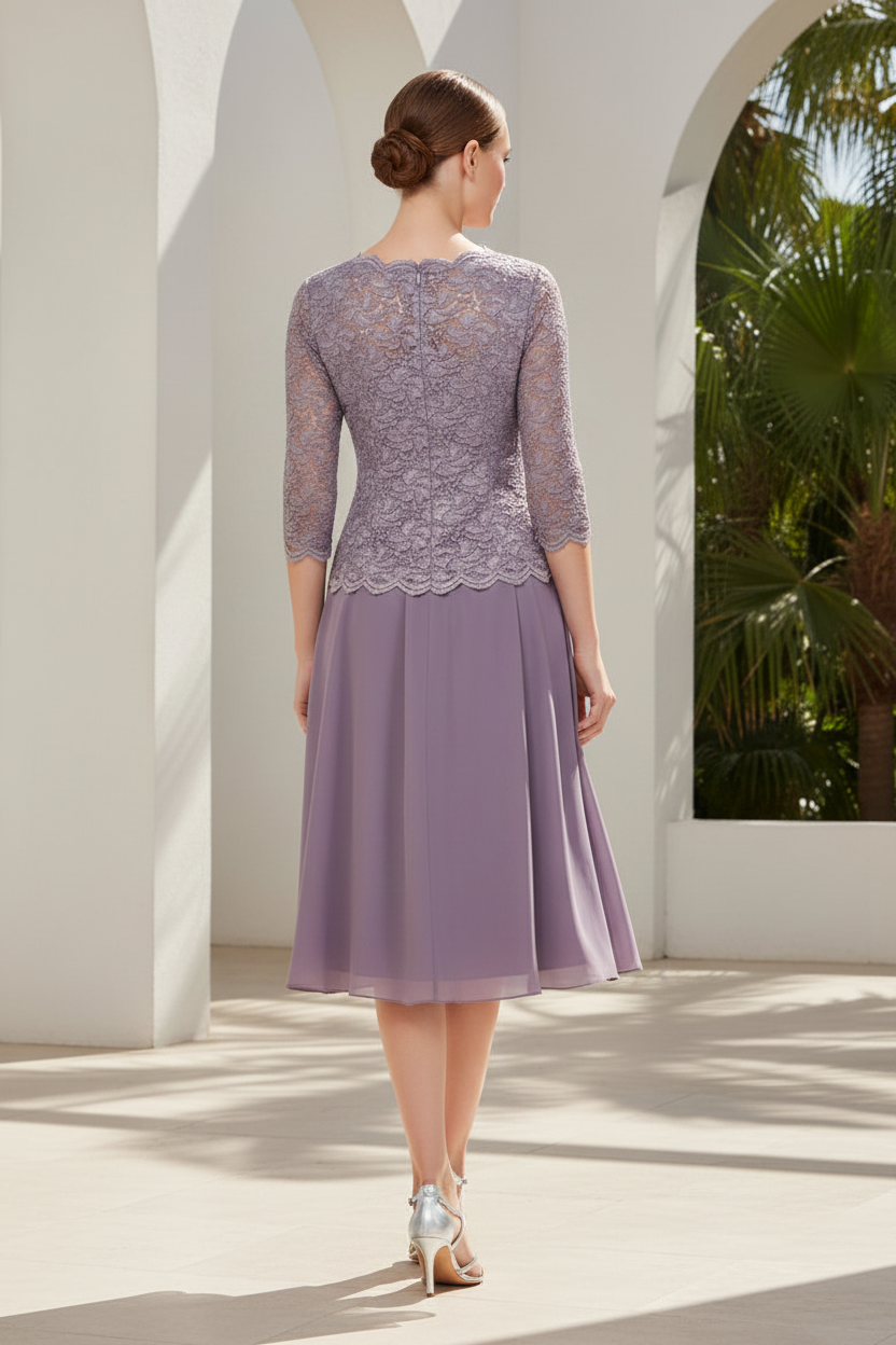 Mock Two-Piece Lace and Chiffon Midi Dress