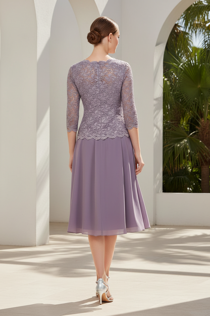 Mock Two-Piece Lace and Chiffon Midi Dress