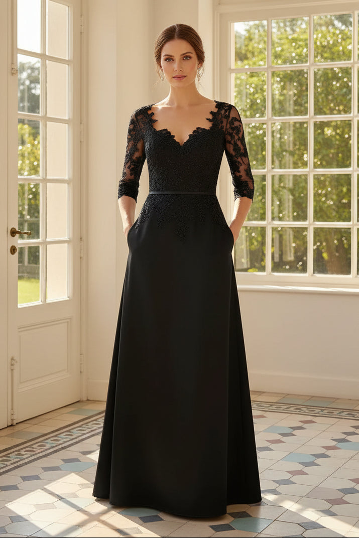 Lace 3/4 Sleeve A-Line Satin Formal Gown with Pockets