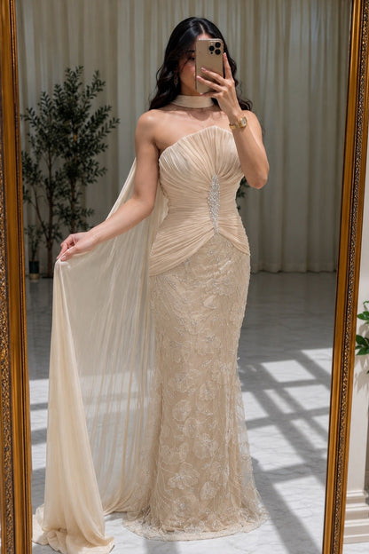 Strapless Lace Mermaid Gown with Cape