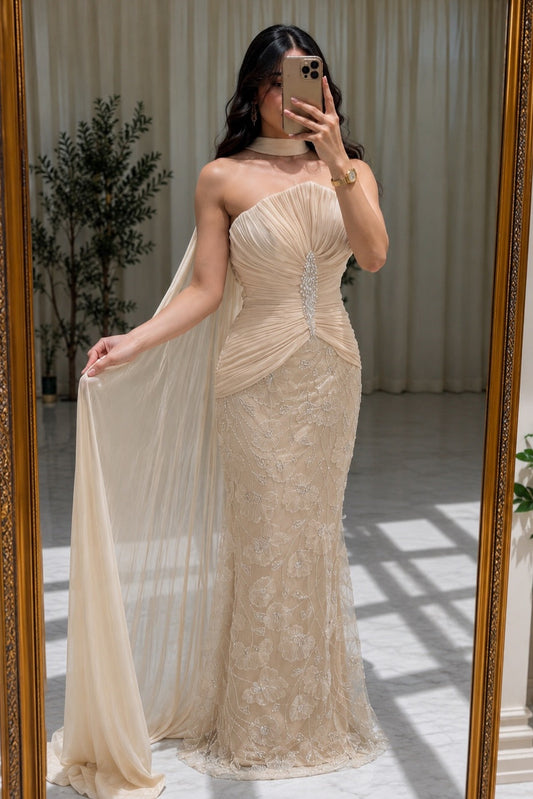 Strapless Lace Mermaid Gown with Cape