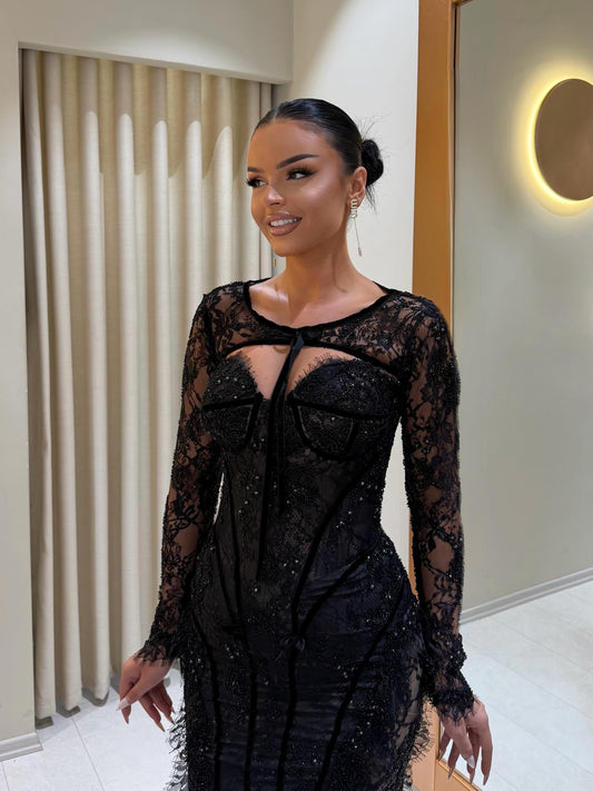Long Sleeve Lace Corset Evening Gown