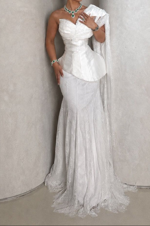 Peplum Bodice Lace Mermaid Gown with Shoulder Drape