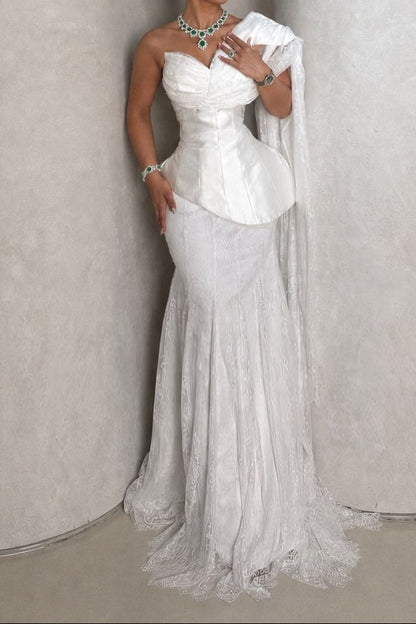 Peplum Bodice Lace Mermaid Gown with Shoulder Drape