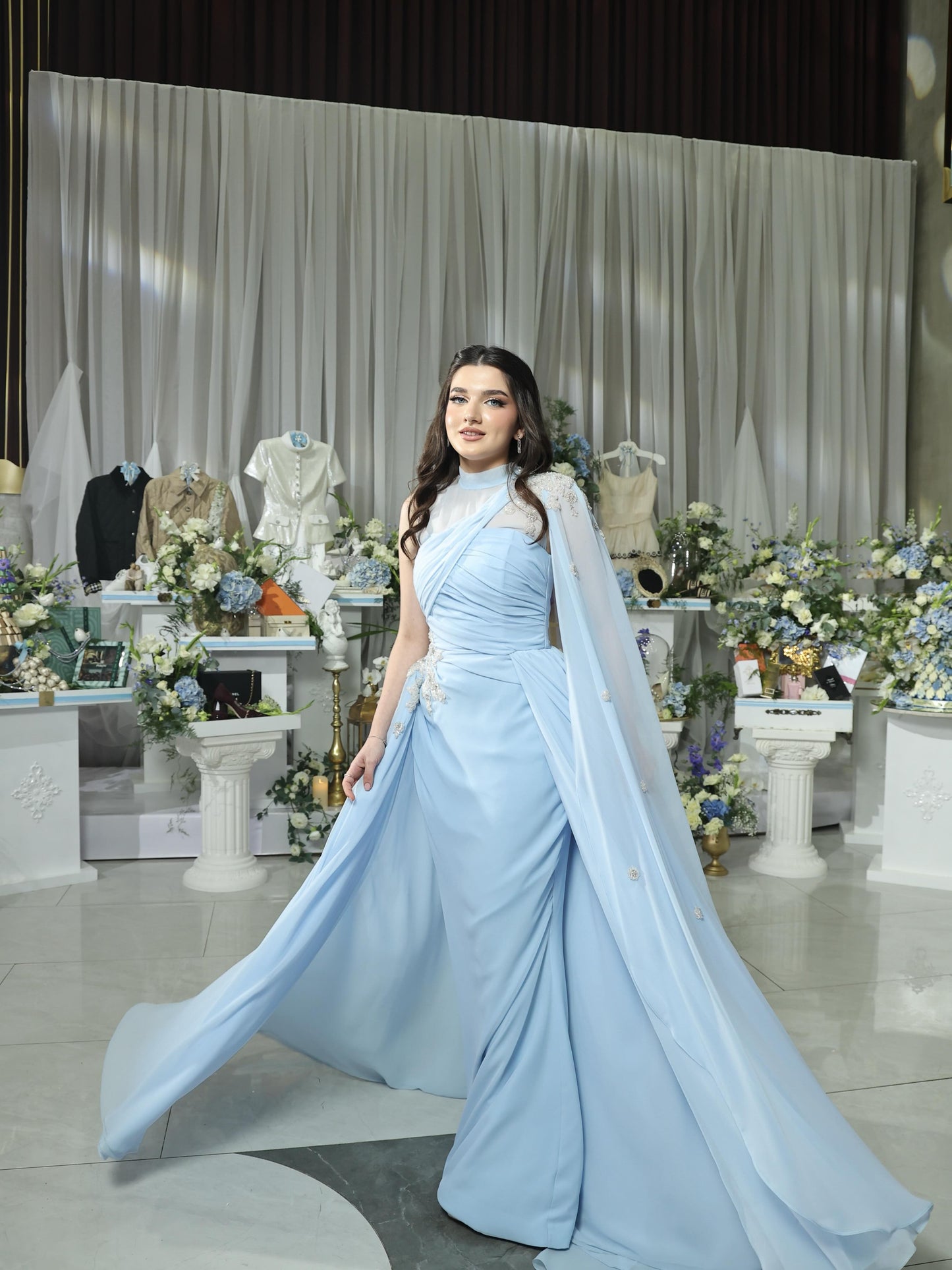 Illusion High Neck Cape Evening Gown