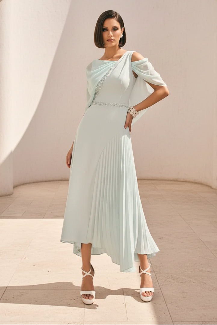 Cold Shoulder Pleated Midi Dress with Cape
