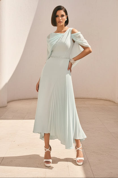 Cold Shoulder Pleated Midi Dress with Cape
