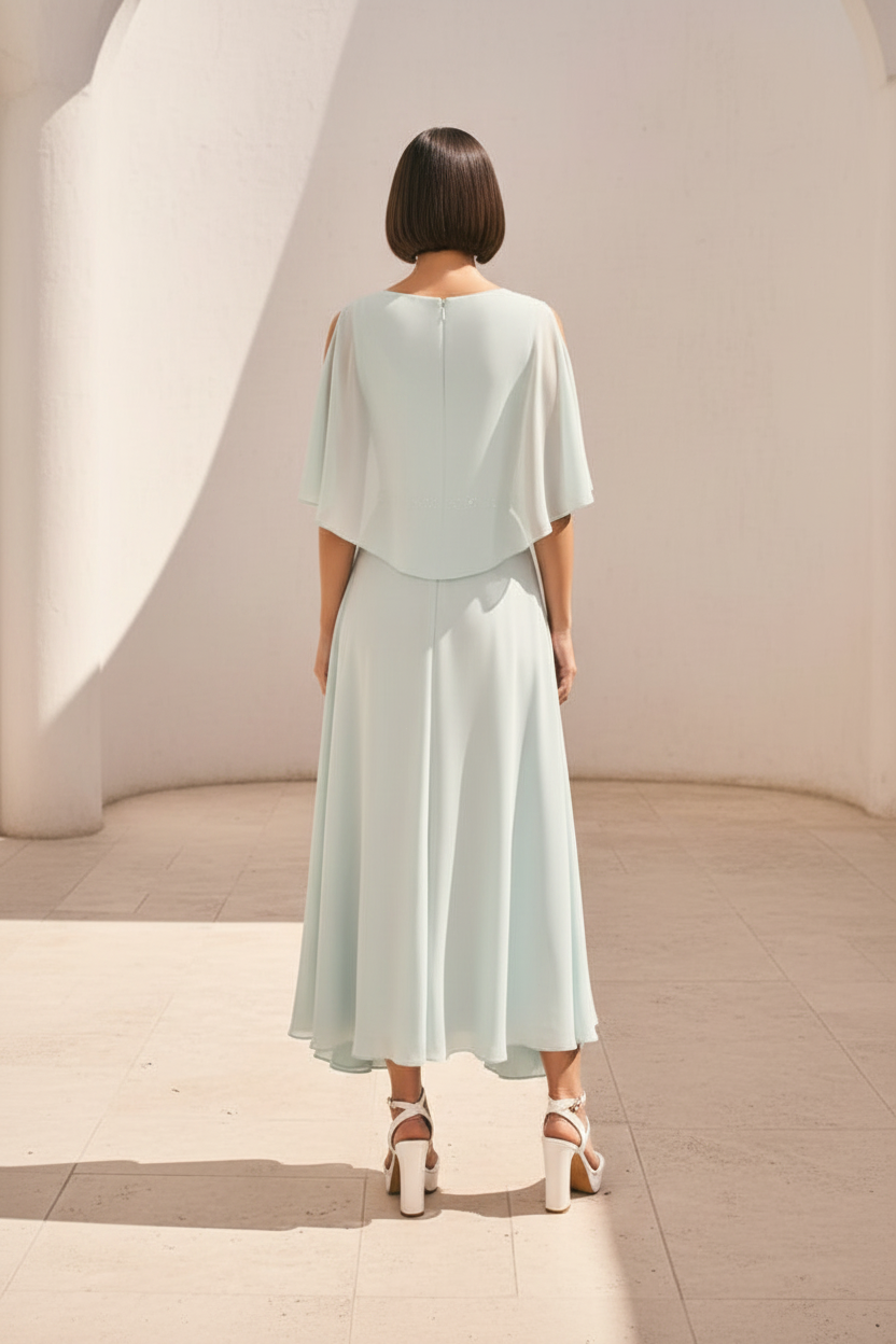 Cold Shoulder Pleated Midi Dress with Cape