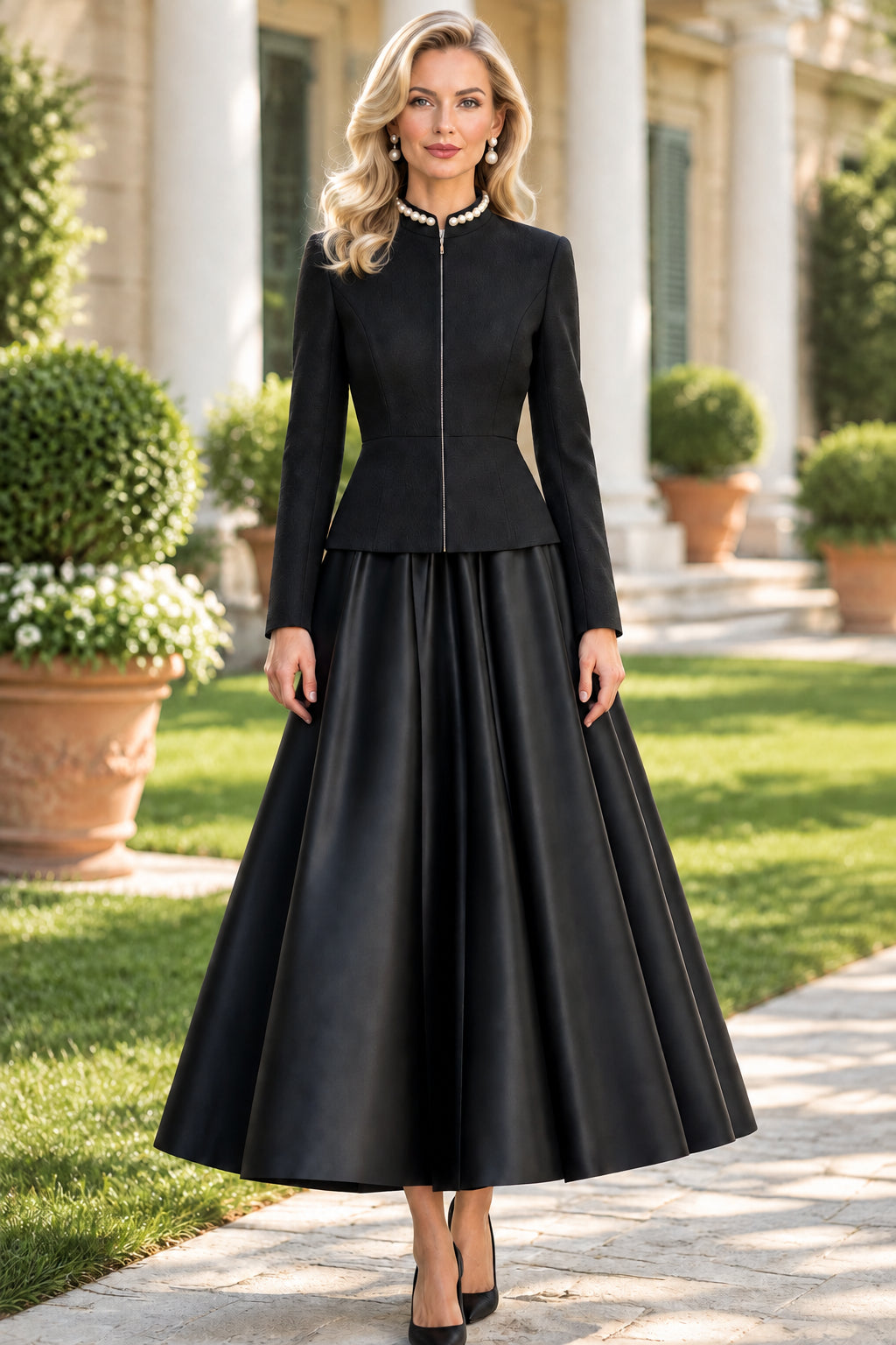 High-Neck Zip-Front Jacket and Full A-Line Skirt Set