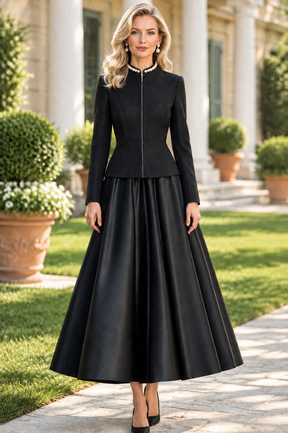 High-Neck Zip-Front Jacket and Full A-Line Skirt Set