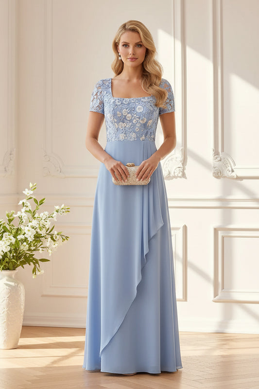 Square Neck Lace Chiffon A-Line Gown