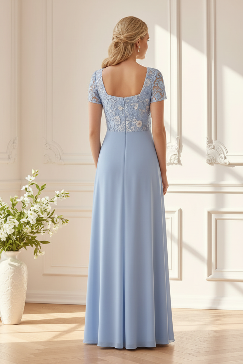 Square Neck Lace Chiffon A-Line Gown