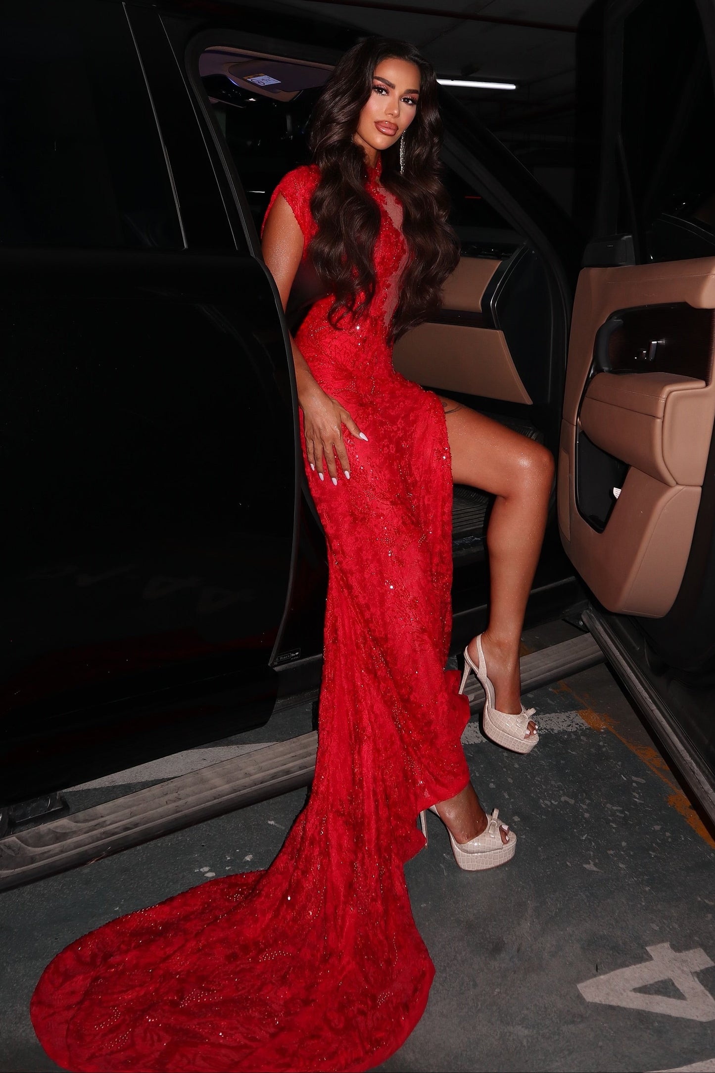 High-Neck Lace Evening Gown with High Slit