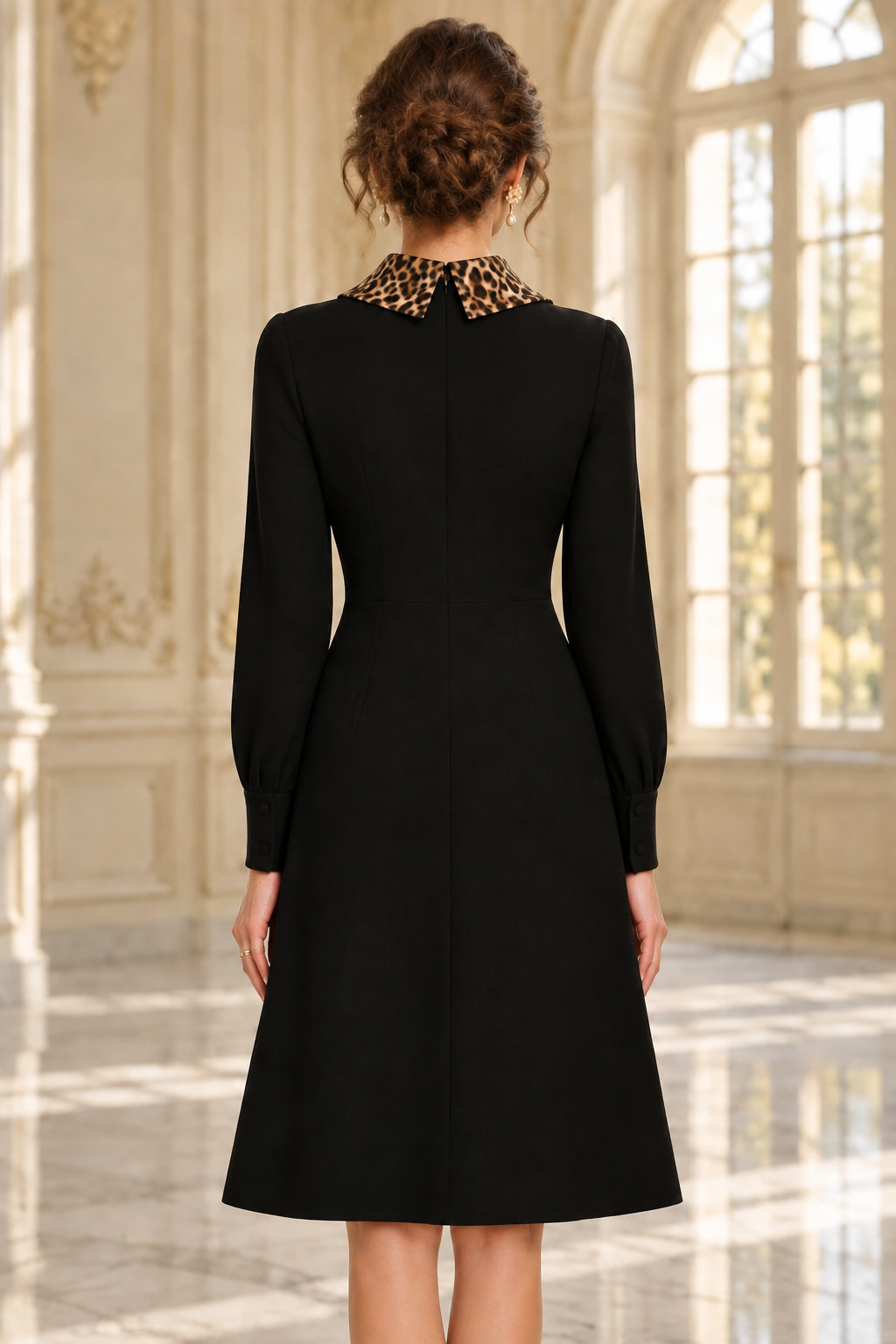 A-Line Knee-Length Dress with Leopard Print Collar