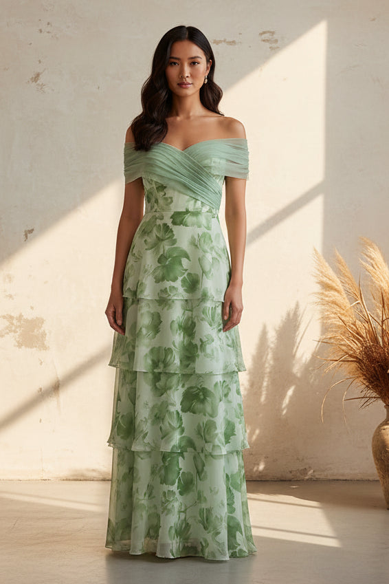 Tiered Off-the-Shoulder Floral Evening Gown