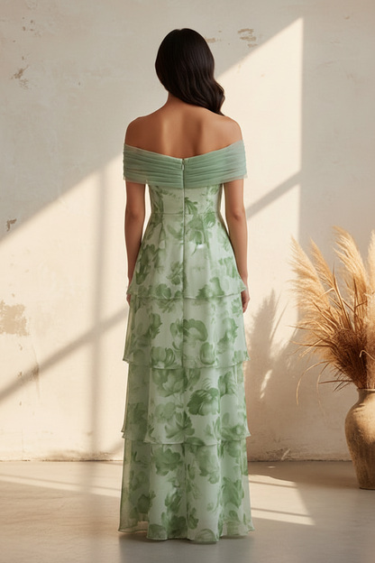 Tiered Off-the-Shoulder Floral Evening Gown
