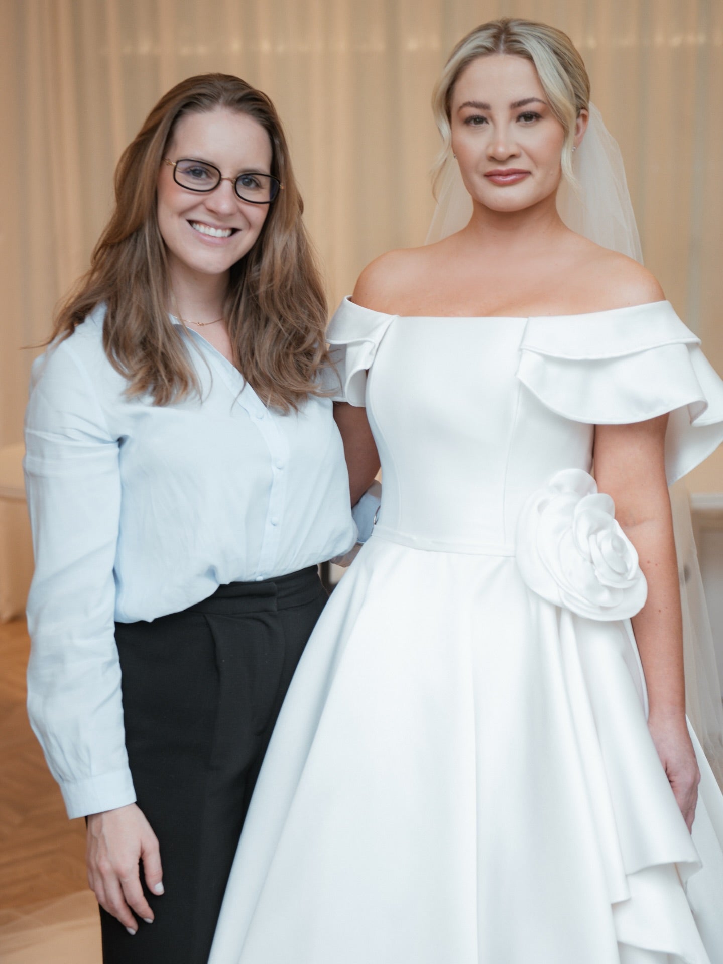 Off-Shoulder Satin A-Line Wedding Dress with 3D Flower