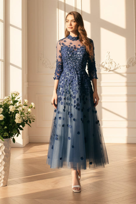 Illusion High Neck 3D Floral A-Line Dress