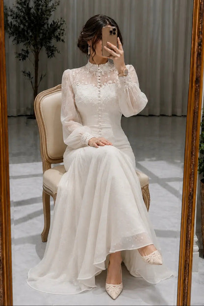 High-Neck Lace-Up Mermaid Gown with Long Sleeves