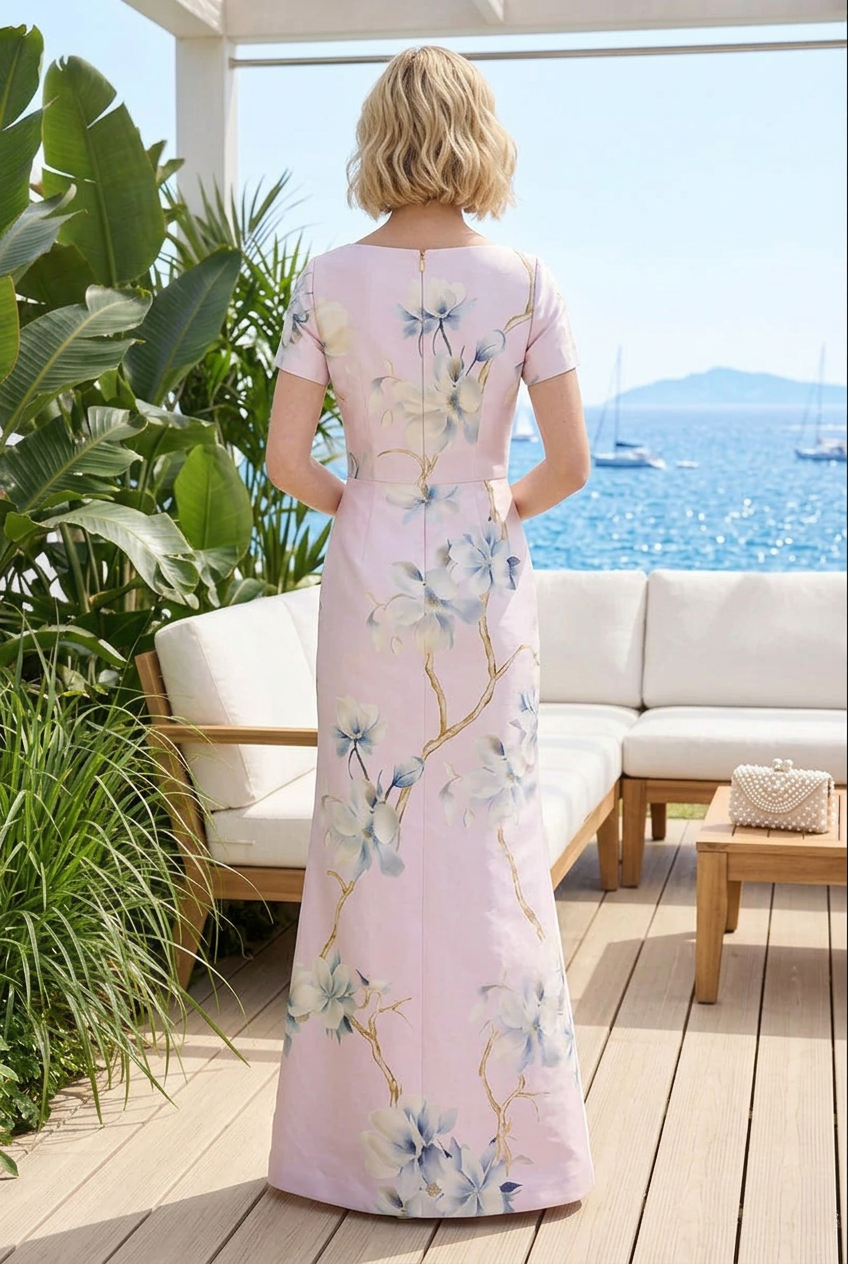 Floral Print Short Sleeve Column Evening Gown