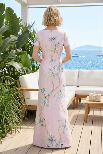 Floral Print Short Sleeve Column Evening Gown
