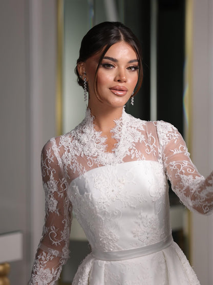 High-Neck Lace A-Line Wedding Dress with Long Sleeves