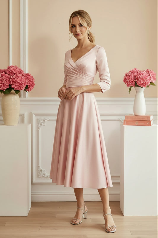 V-Neck Ruched Satin A-Line Midi Dress