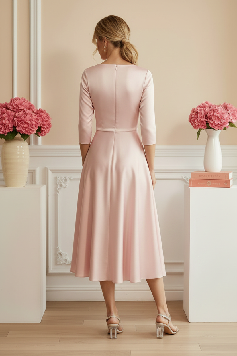 V-Neck Ruched Satin A-Line Midi Dress