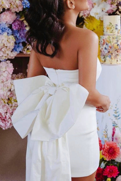 Strapless Satin Bodycon Mini Dress with Back Bow Train