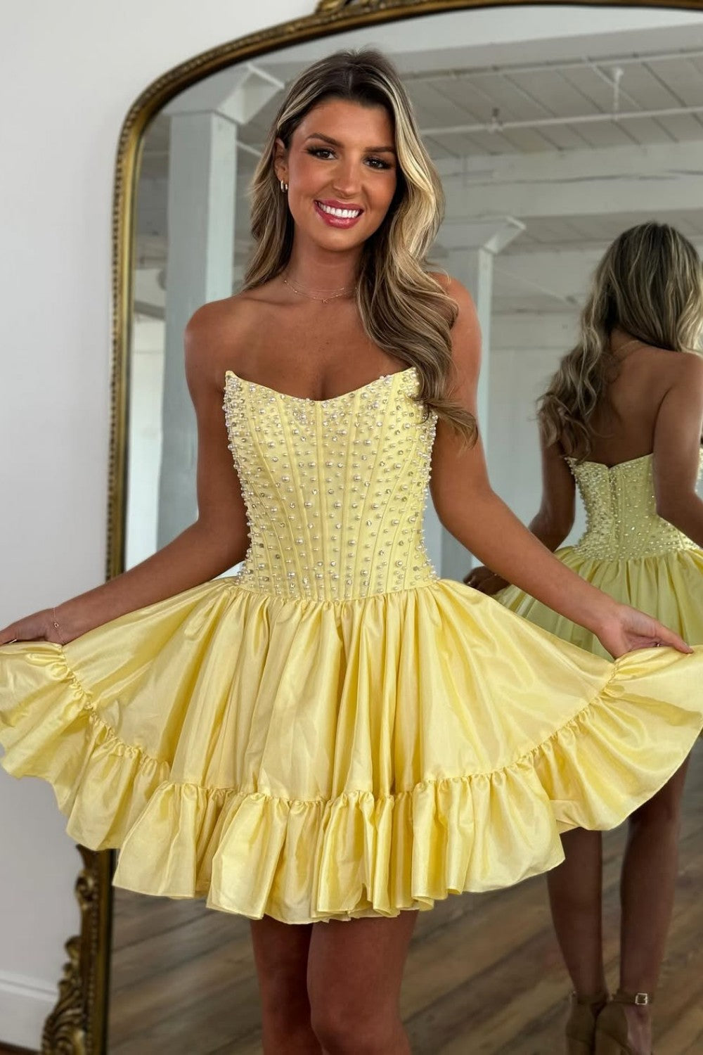 Pearl-Embellished Strapless Corset Mini Dress