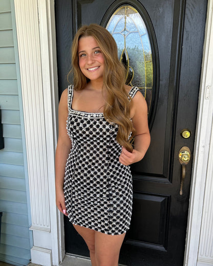 Pearl Embellished Grid Pattern Mini Dress