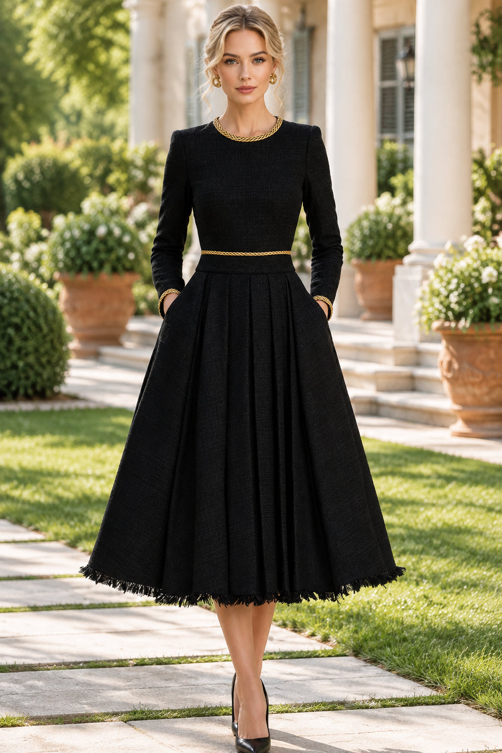 Braided Trim Pleated Midi Dress with Pockets