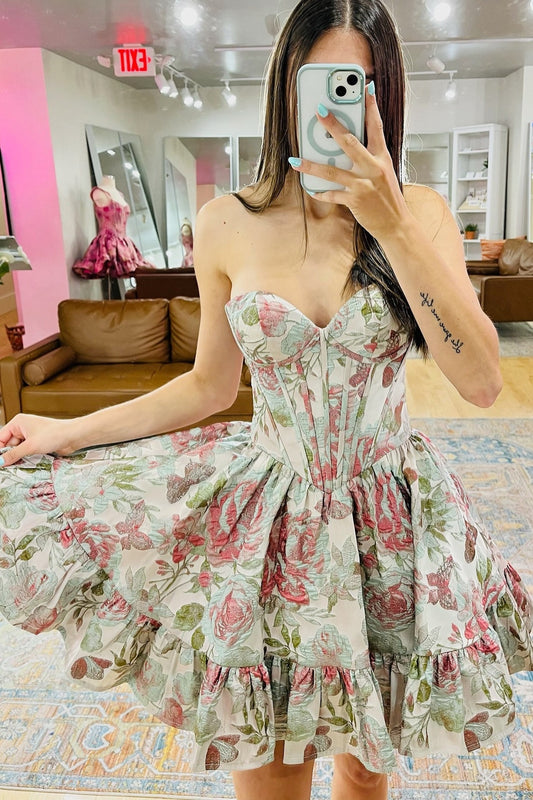 Strapless Corset Floral Jacquard Mini Dress