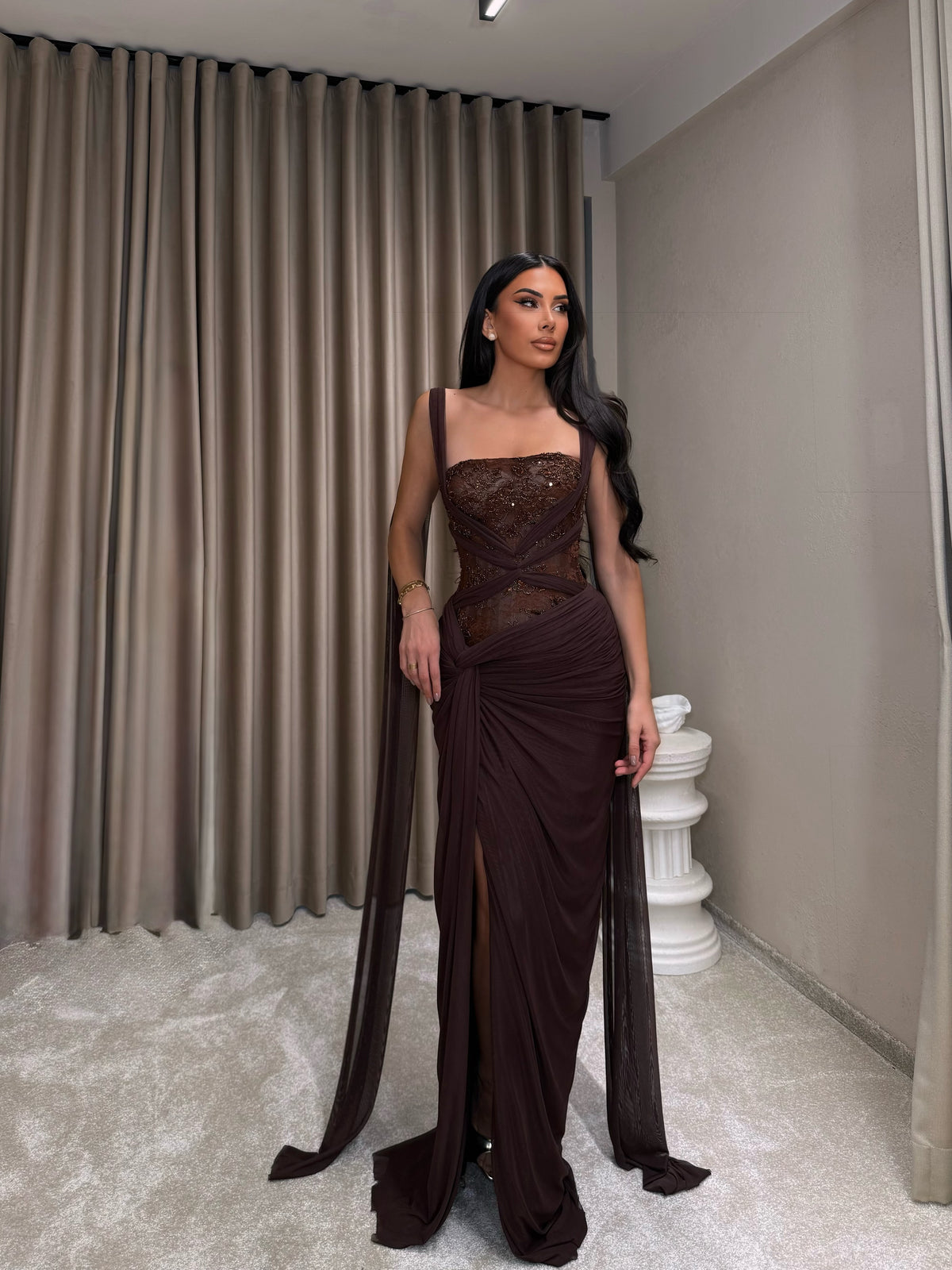 Corset Evening Gown with Beaded Bodice & Cape Straps
