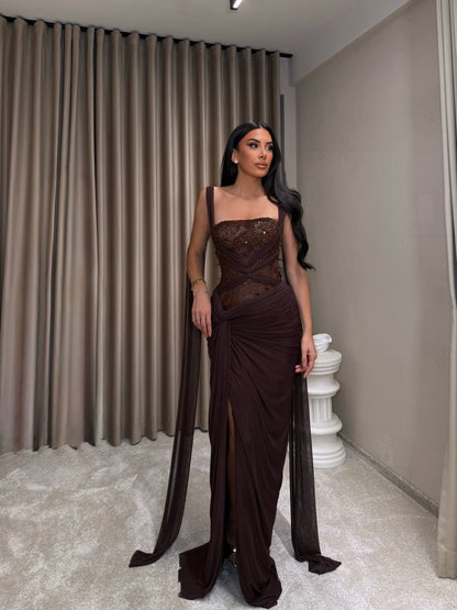 Corset Evening Gown with Beaded Bodice & Cape Straps