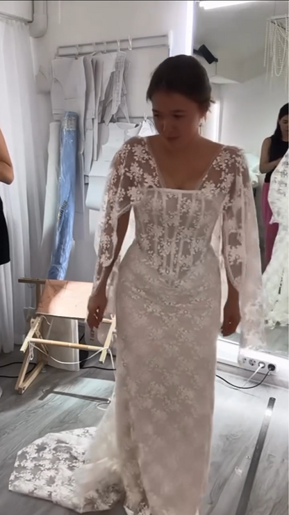 Lace Corset Wedding Dress with Draped Sleeves