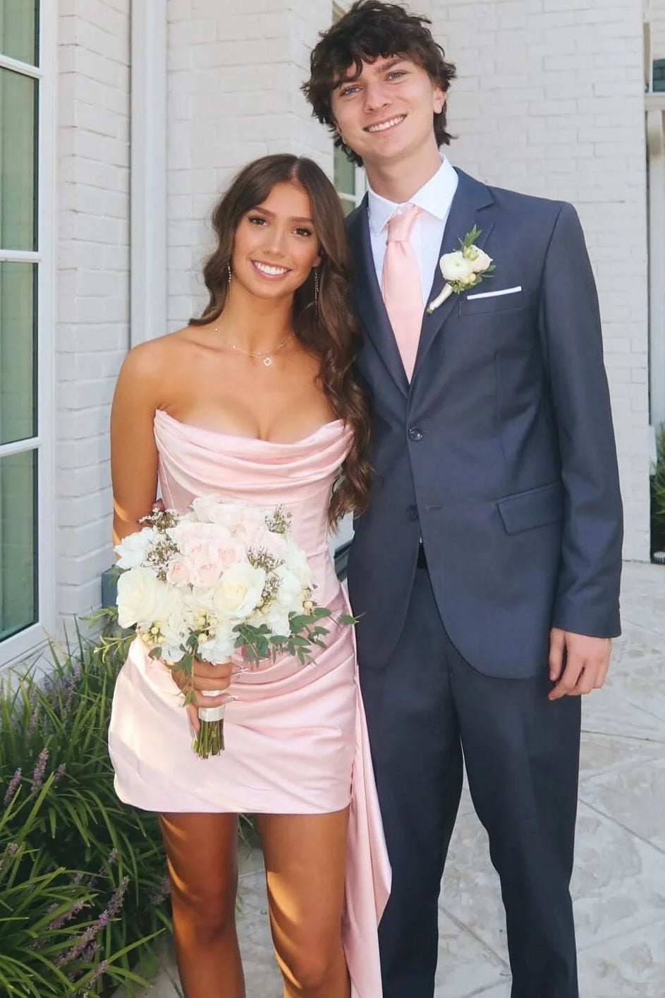 Strapless Cowl Neck Satin Mini Dress with Side Train
