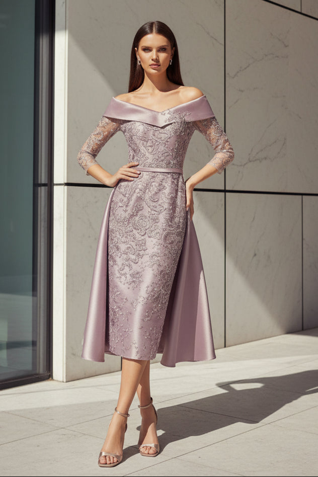 Off-Shoulder Lace Midi Dress with Overskirt