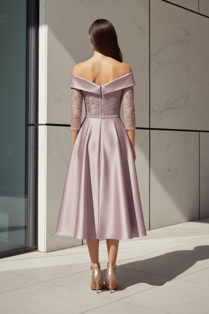 Off-Shoulder Lace Midi Dress with Overskirt