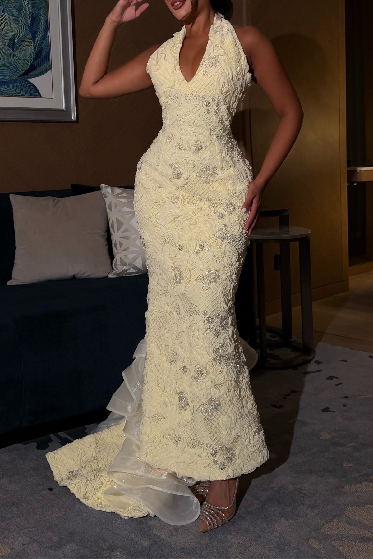 Embroidered Halter Mermaid Gown with Tiered Ruffle Train