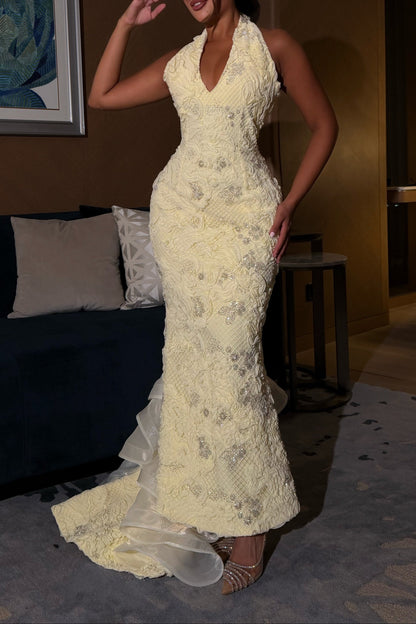 Embroidered Halter Mermaid Gown with Tiered Ruffle Train