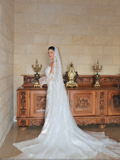 Strapless Satin Wedding Dress with Lace Train