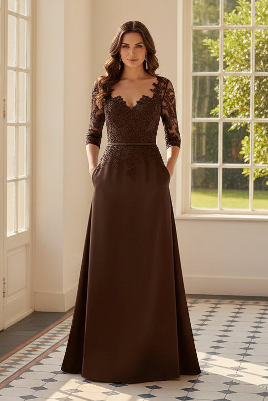 Lace 3/4 Sleeve A-Line Satin Formal Gown with Pockets