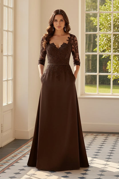 Lace 3/4 Sleeve A-Line Satin Formal Gown with Pockets